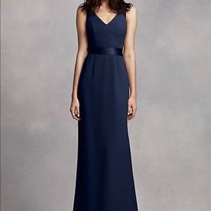 Long V Neck Crepe Gown With Open Back